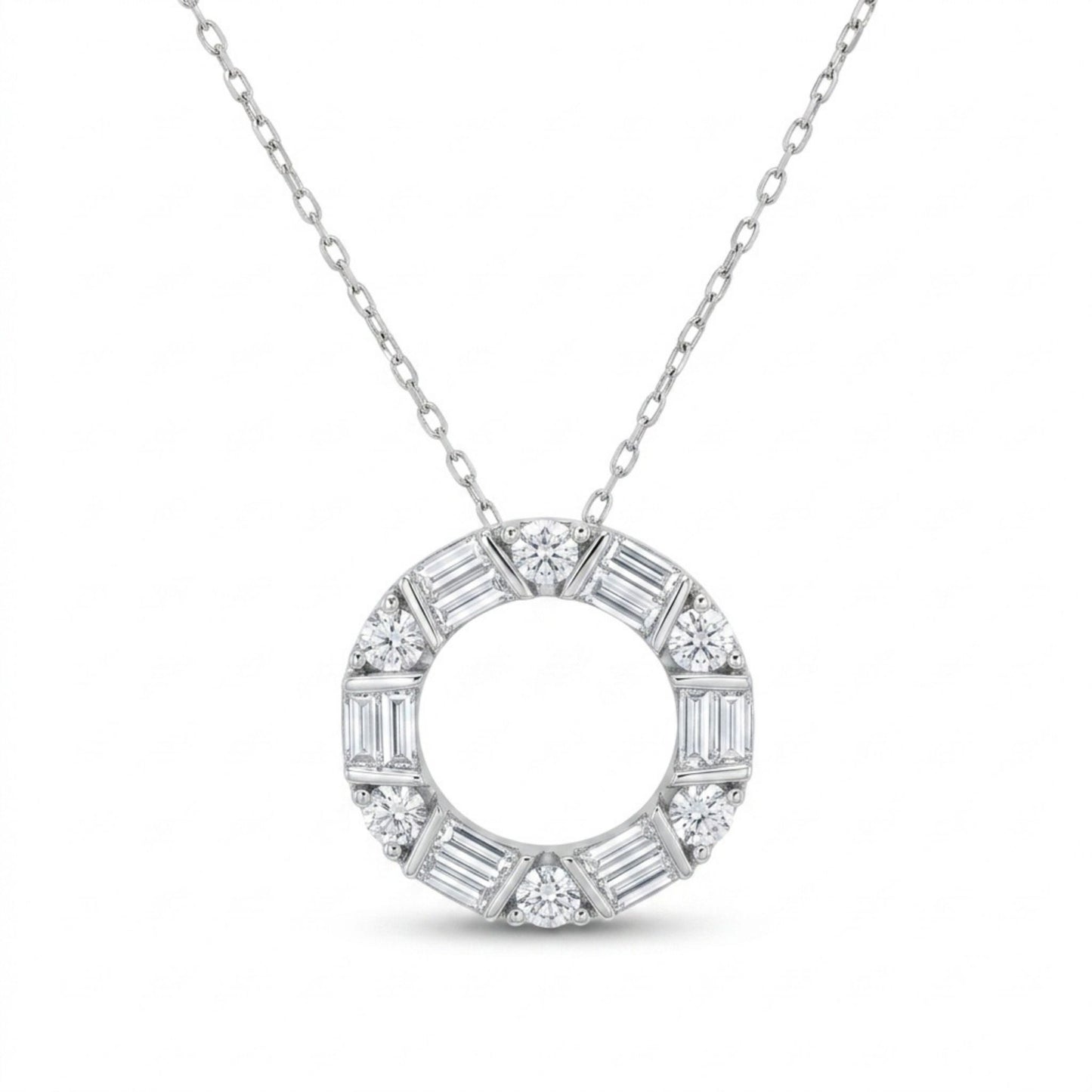 14K 0.62cttw Baguette & Round White Diamond Necklace