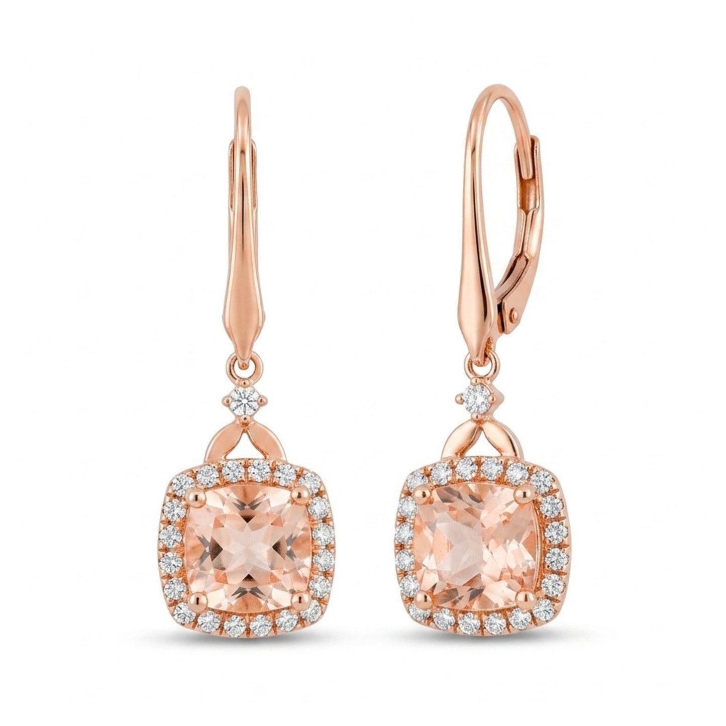 14K 1.20cttw Cushion Morganite 0.13cttw White Diamonds Drop Earrings