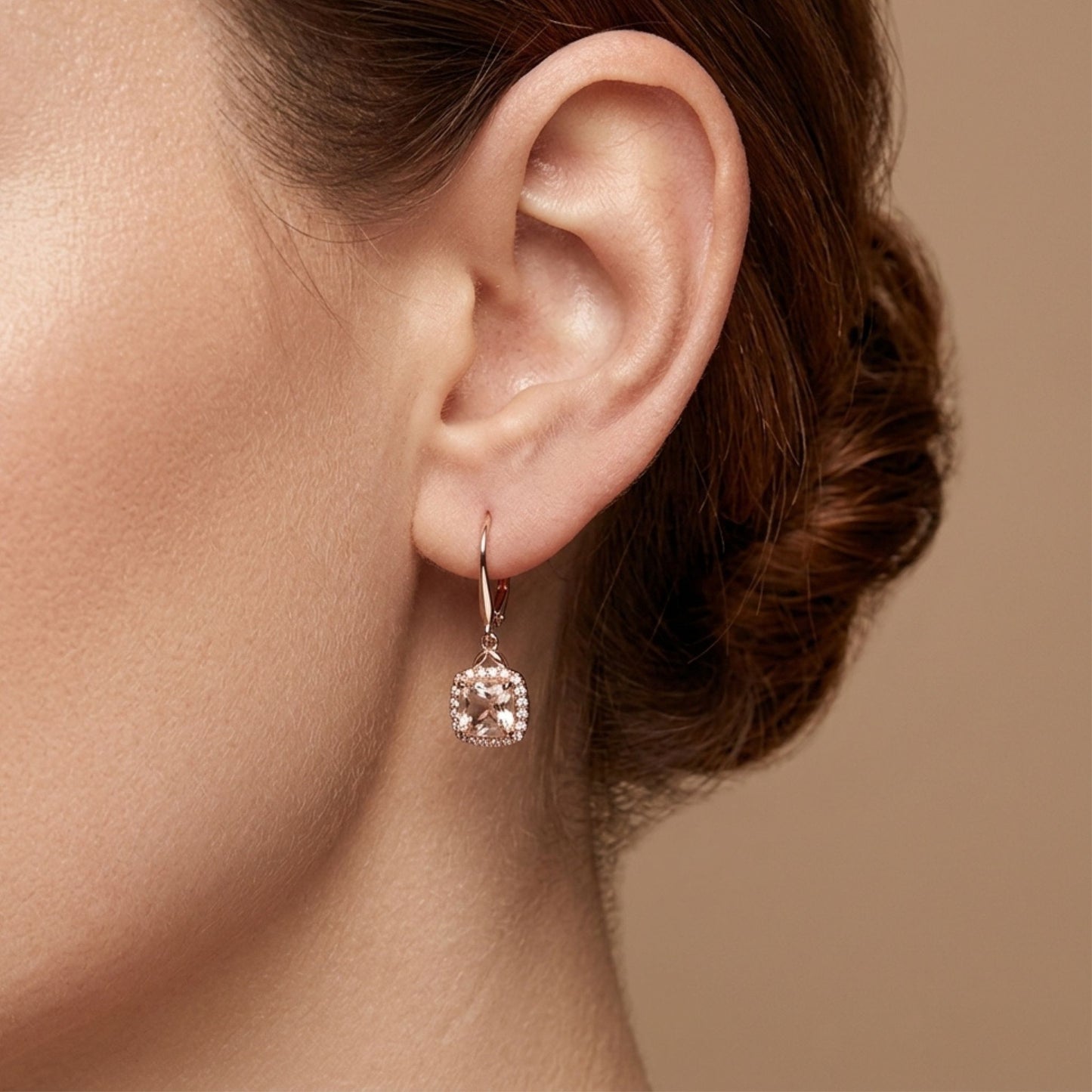 14K 1.20cttw Cushion Morganite 0.13cttw White Diamonds Drop Earrings