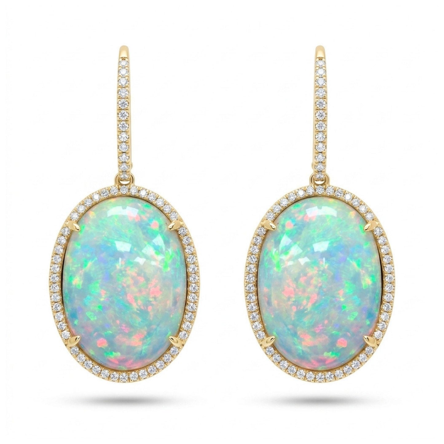 14K 10.98cttw Oval Crystal Opal 0.29cttw White Diamonds Drop Earrings