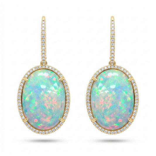 14K 10.98cttw Oval Crystal Opal 0.29cttw White Diamonds Drop Earrings