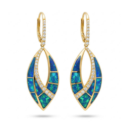 14K Inlay Opal 0.51cttw White Diamonds Drop Earrings