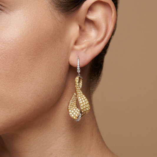 14K 2.90cttw Round Yellow Diamond 0.27cttw White Diamonds Drop Earrings