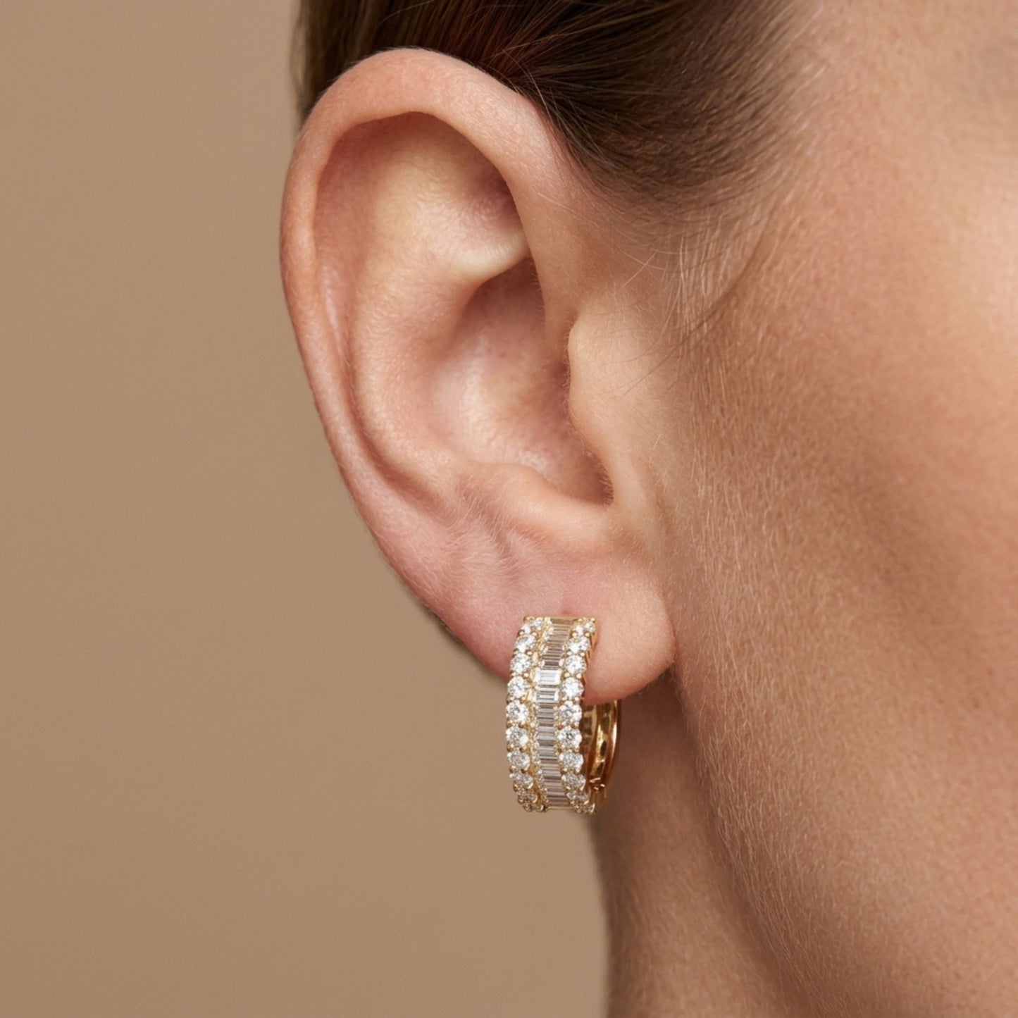 14K 1.84cttw Baguette & Round White Diamonds Hoop Earrings