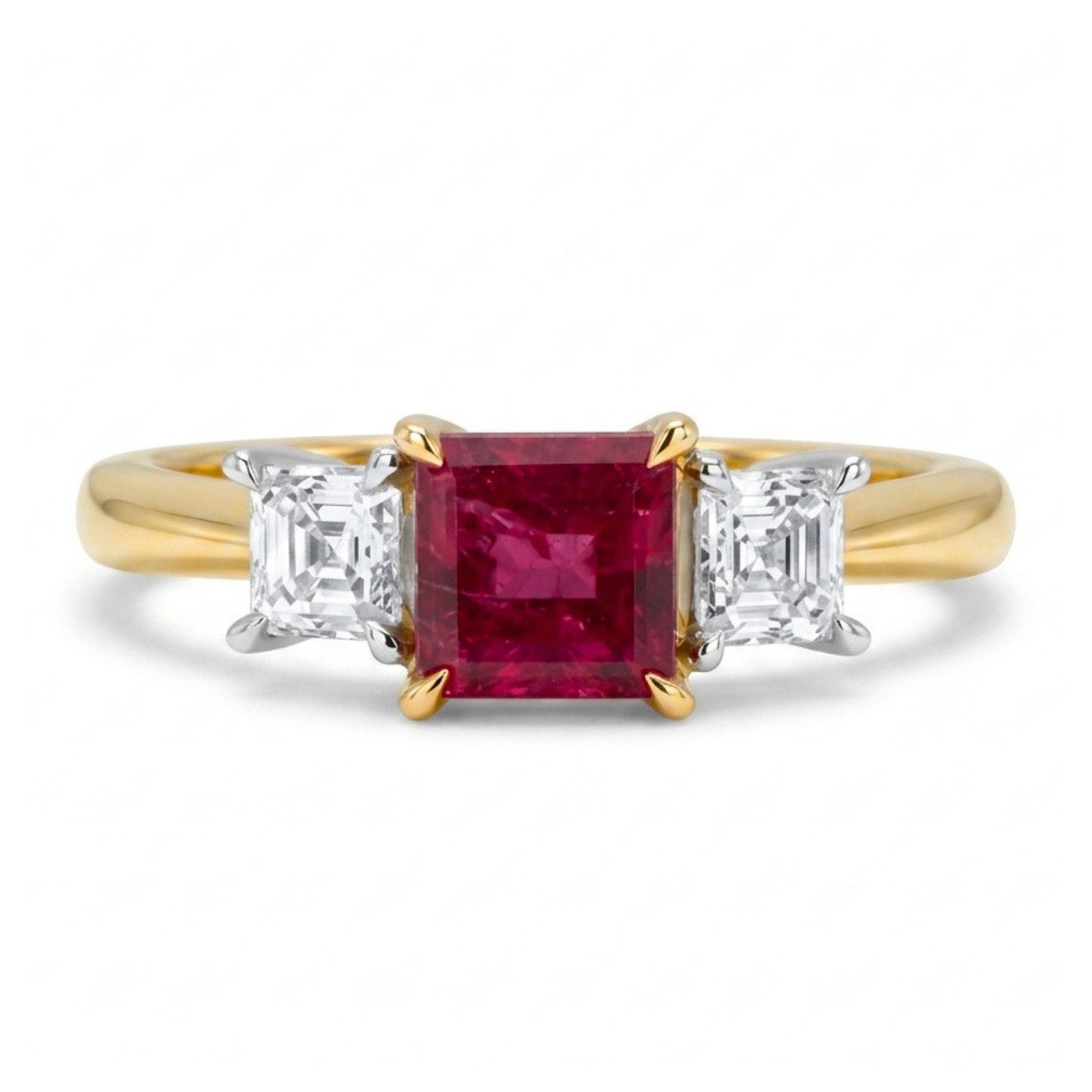 18K 0.47ct Asscher Cut Red Beryl 0.34cttw Asscher Cut White Diamond Ring