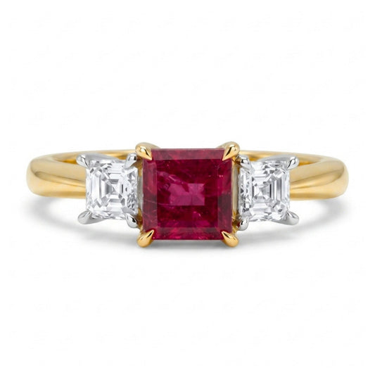18K 0.47ct Asscher Cut Red Beryl 0.34cttw Asscher Cut White Diamond Ring