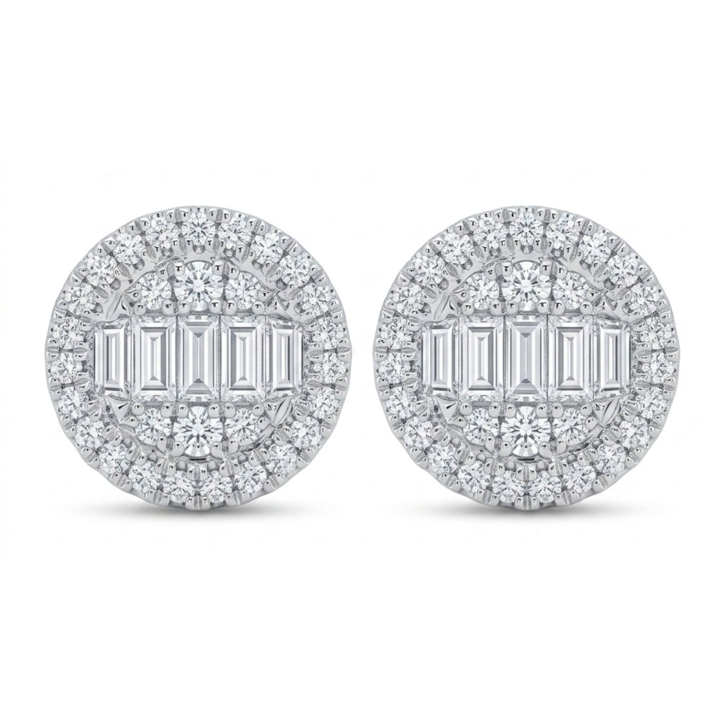 18K 0.53cttw Baguette & Round White Diamond Stud Earrings