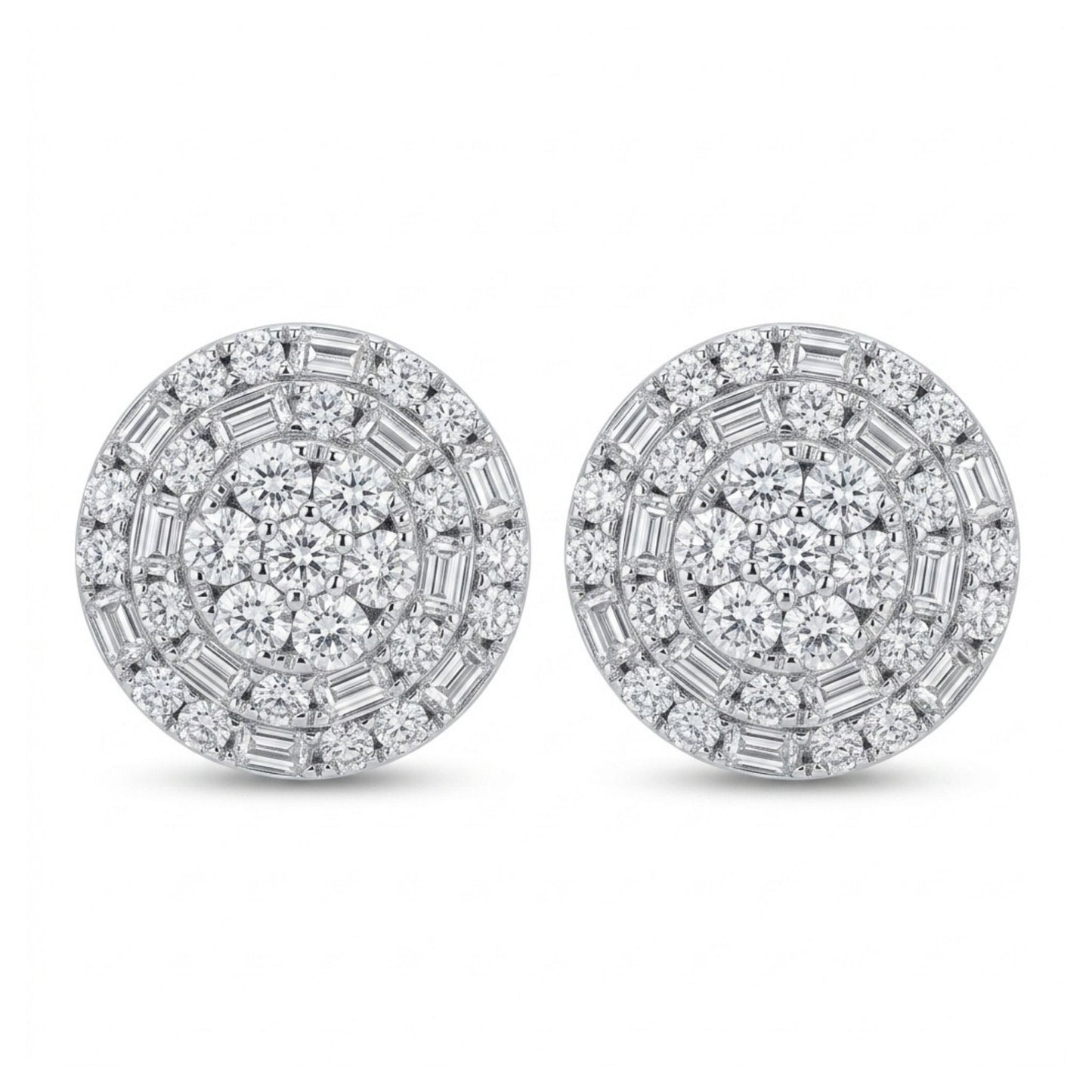18K 1.60cttw Baguette & Round White Diamond Stud Earrings