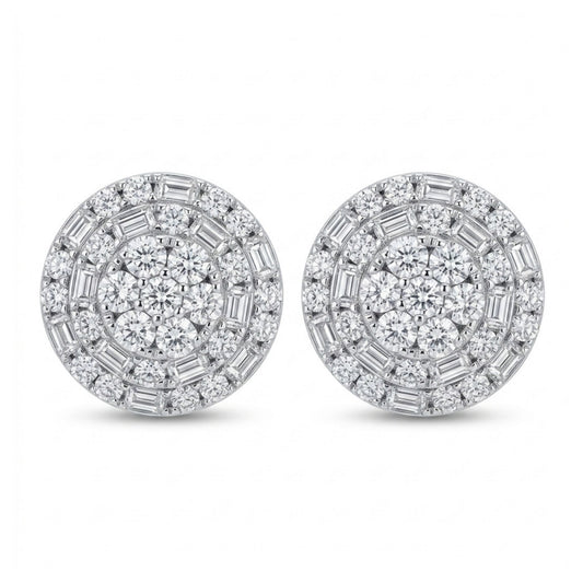 18K 1.60cttw Baguette & Round White Diamond Stud Earrings