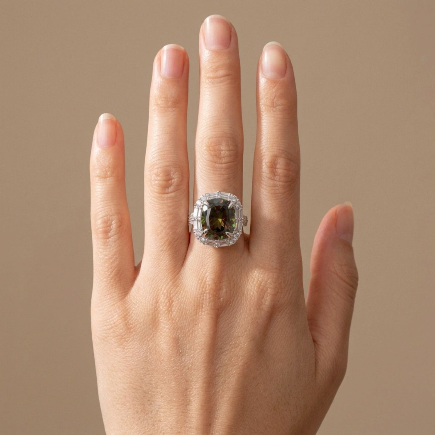 18K 7.13ct Oval Color Change Sphene 1.28cttw White Diamonds Ring