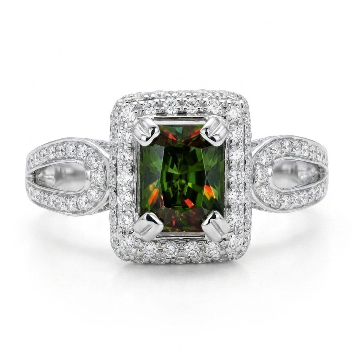 18K 1.07ct Emerald Cut Color Change Sphene 0.97cttw White Diamonds Ring