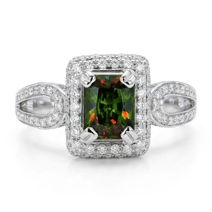 18K 1.07ct Emerald Cut Color Change Sphene 0.97cttw White Diamonds Ring