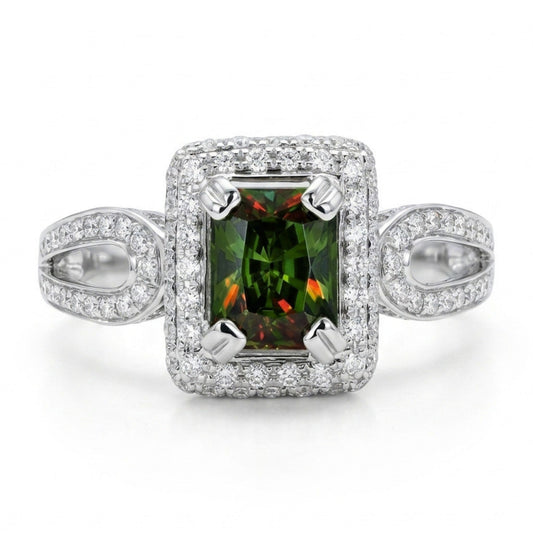 18K 1.07ct Emerald Cut Color Change Sphene 0.97cttw White Diamonds Ring