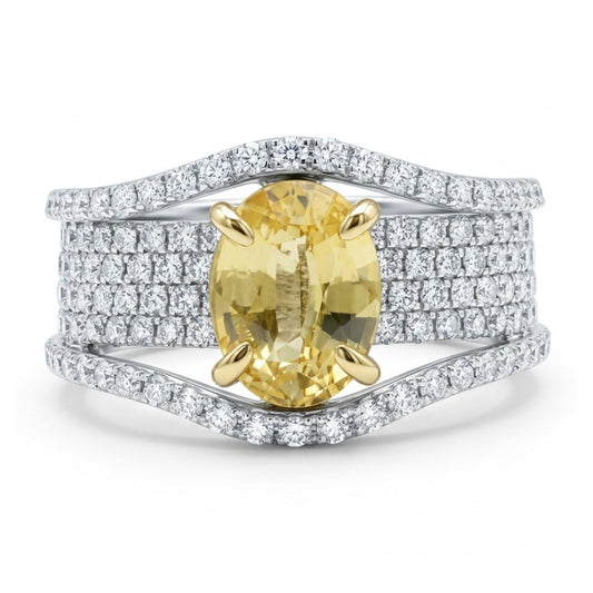 14K 1.78ct Oval Unheated Yellow Sapphire 1.36cttw VS White Diamonds Ring