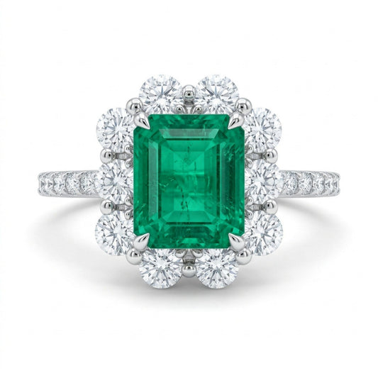 Platinum 1.35ct Emerald Cut Colombian Emerald 0.85cttw White Diamonds Ring