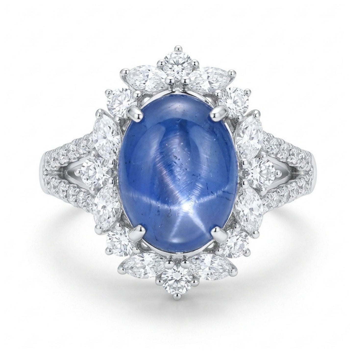 Platinum 3.25ct Oval Star Sapphire 0.88cttw White Diamonds Ring