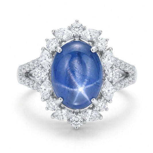 Platinum 3.25ct Oval Star Sapphire 0.88cttw White Diamonds Ring