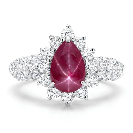 Platinum 1.29ct Pear Shape Star Ruby 1.00cttw White Diamonds Ring