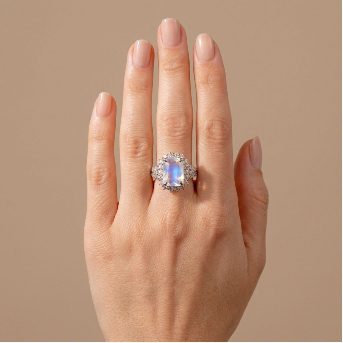 14K 4.25ct Cushion Moonstone 1.42cttw VS White Diamonds Ring