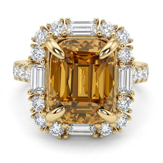 18K 8.94ct Cushion Golden Zircon 1.43cttw White Diamonds Ring
