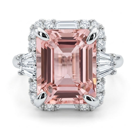 18K 3.63ct Emerald Cut Pink Tourmaline 0.49cttw White Diamonds Ring