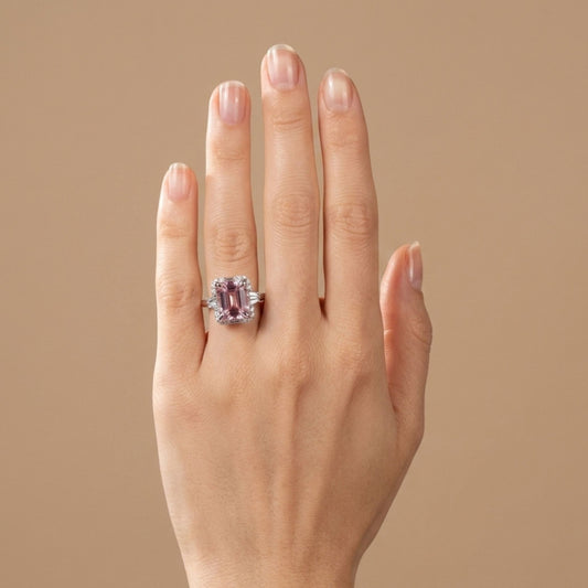 18K 3.63ct Emerald Cut Pink Tourmaline 0.49cttw White Diamonds Ring