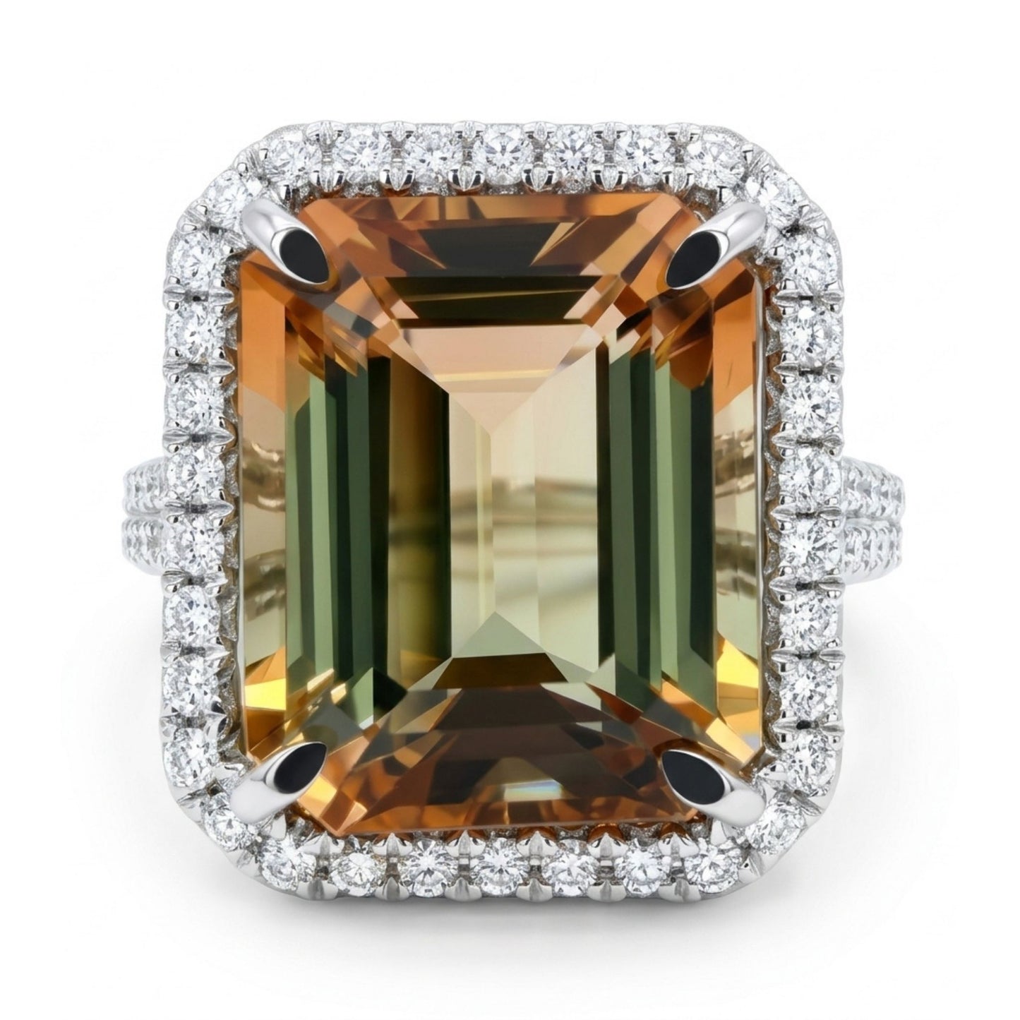 18K 7.04ct Emerald Cut Bi-Color Tourmaline 0.88cttw White Diamonds Ring