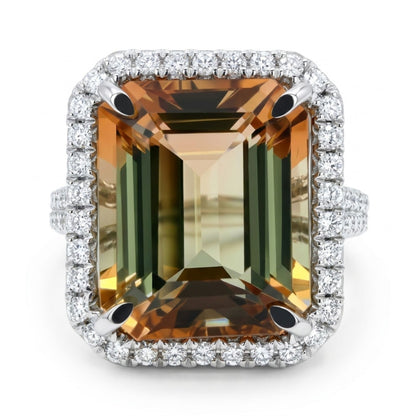 18K 7.04ct Emerald Cut Bi-Color Tourmaline 0.88cttw White Diamonds Ring