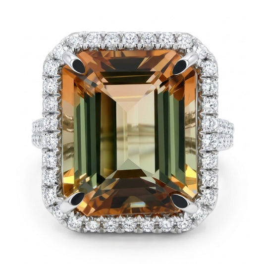 18K 7.04ct Emerald Cut Bi-Color Tourmaline 0.88cttw White Diamonds Ring