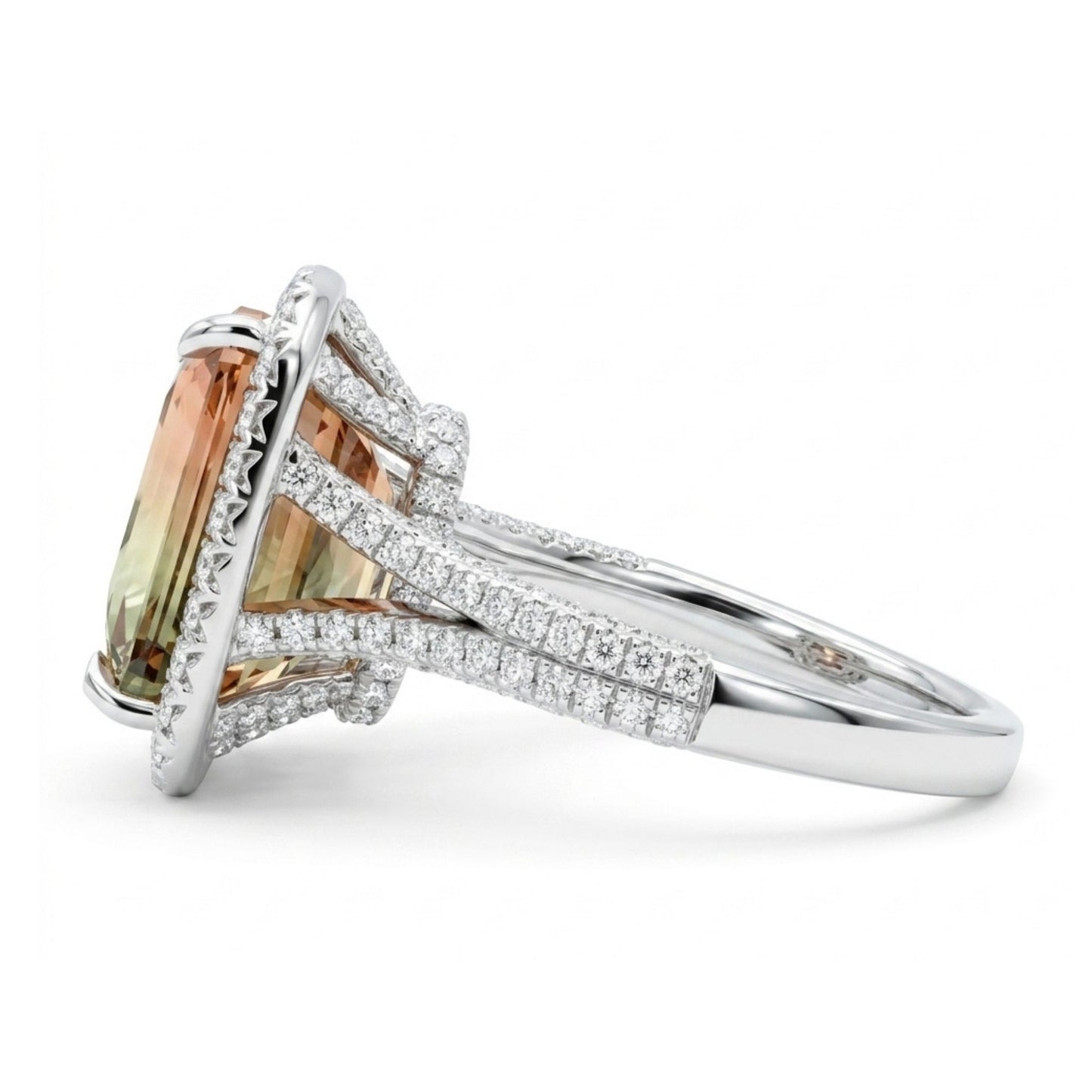 18K 7.04ct Emerald Cut Bi-Color Tourmaline 0.88cttw White Diamonds Ring