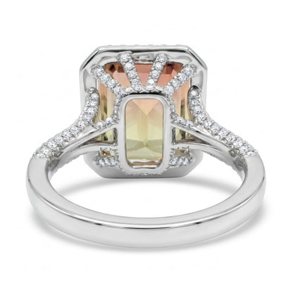 18K 7.04ct Emerald Cut Bi-Color Tourmaline 0.88cttw White Diamonds Ring