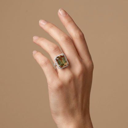 18K 7.04ct Emerald Cut Bi-Color Tourmaline 0.88cttw White Diamonds Ring
