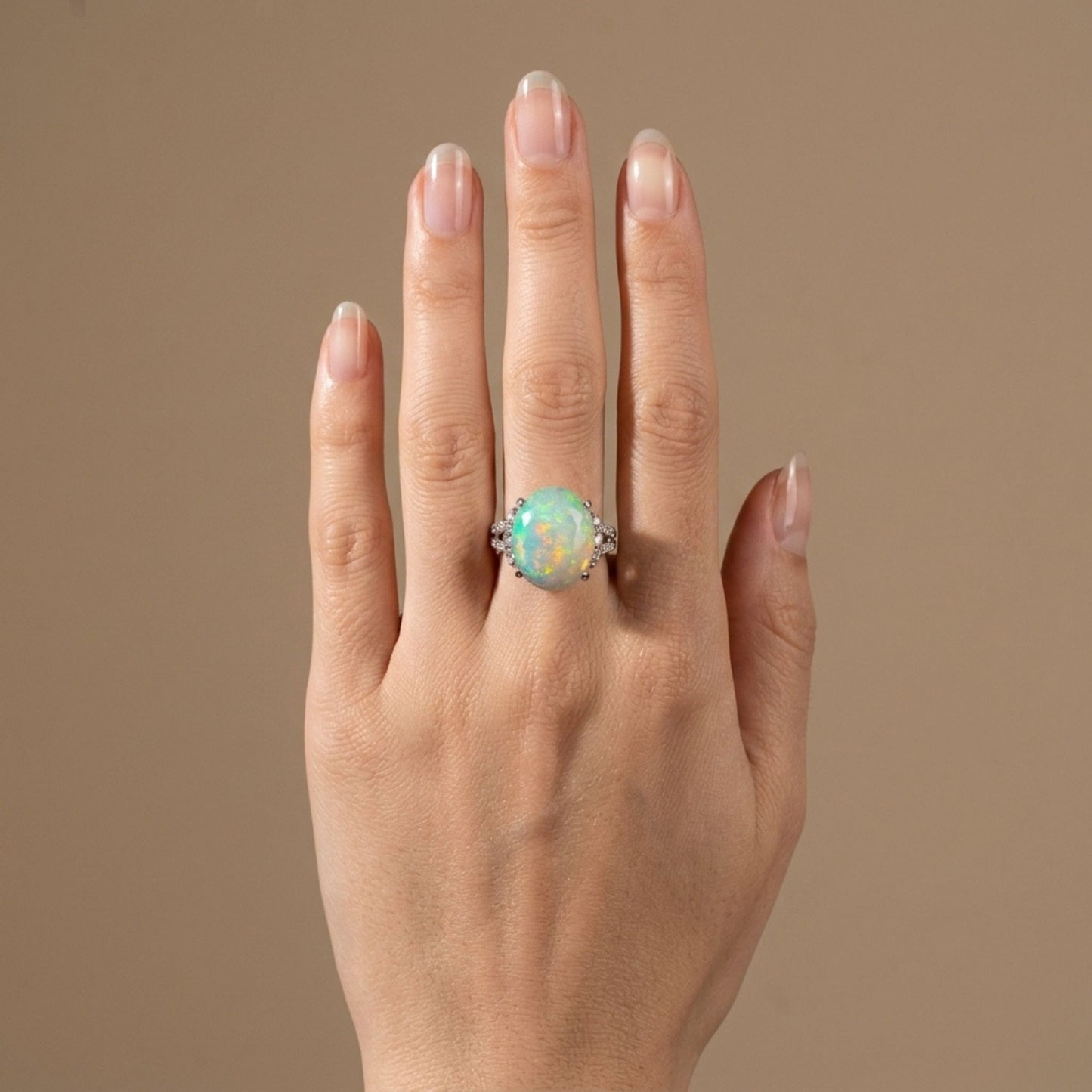 Platinum 4.98ct Oval Crystal Opal 0.43cttw White Diamonds Ring
