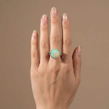 Platinum 4.98ct Oval Crystal Opal 0.43cttw White Diamonds Ring