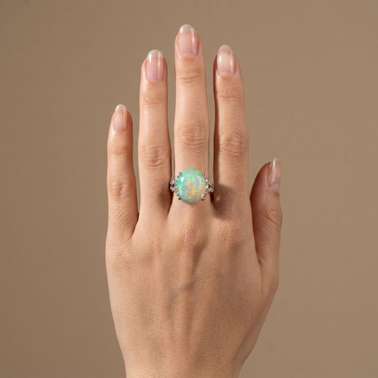 Platinum 4.98ct Oval Crystal Opal 0.43cttw White Diamonds Ring