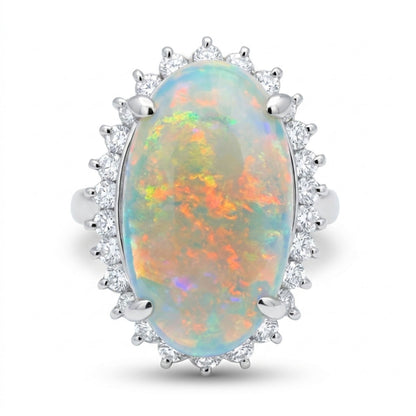 Platinum 4.76ct Oval Crystal Opal 0.71cttw White Diamonds Ring