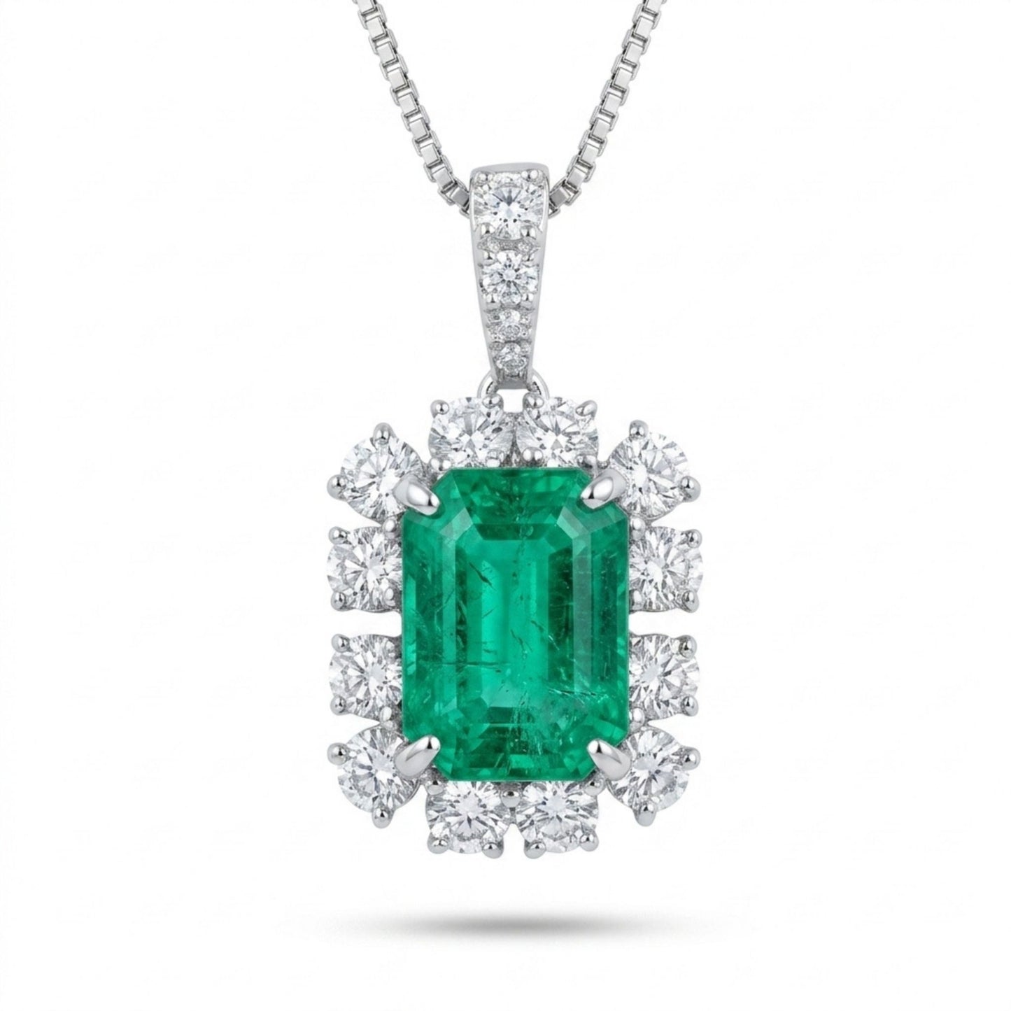 Platinum 1.83ct Emerald Cut Colombian Emerald 0.66cttw White Diamonds Necklace