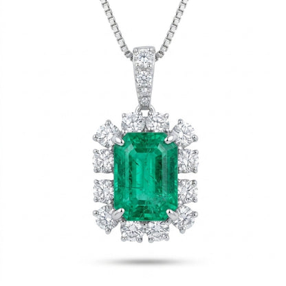 Platinum 1.83ct Emerald Cut Colombian Emerald 0.66cttw White Diamonds Necklace