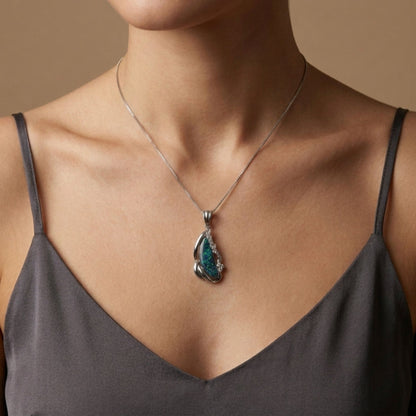 Platinum 6.92ct Free Form Boulder Opal 0.09cttw White Diamonds Necklace