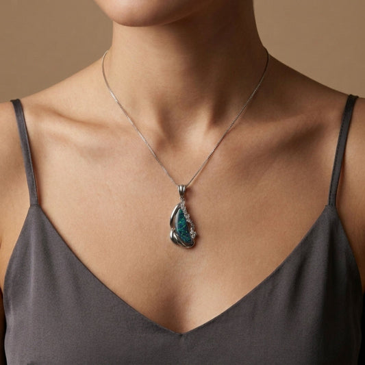 Platinum 6.92ct Free Form Boulder Opal 0.09cttw White Diamonds Necklace