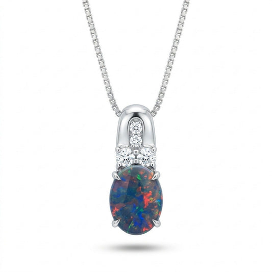 Platinum 1.11ct Oval Black Opal 0.22cttw White Diamonds Necklace