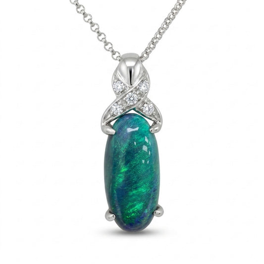 18K 4.87cttw Oval Black Opal 0.10cttw White Diamonds Necklace