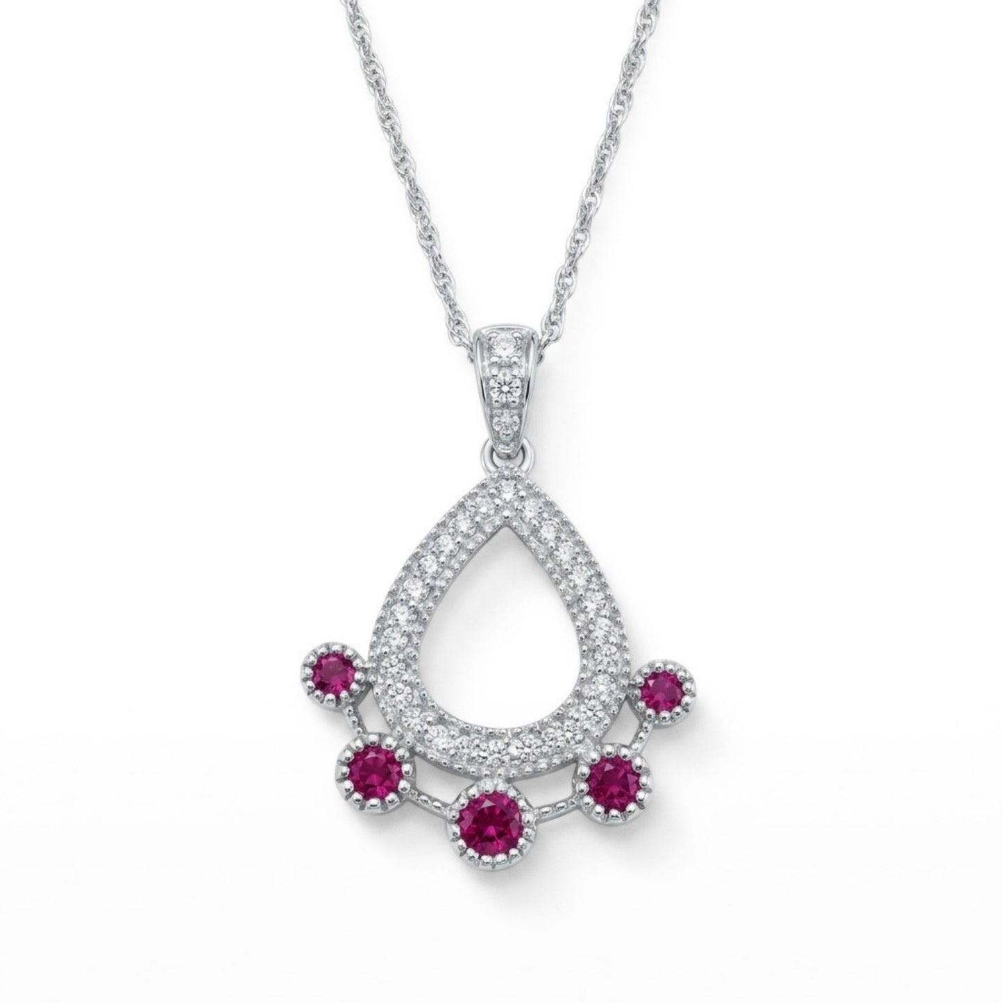 18K 0.28cttw Round Ruby 0.22cttw White Diamonds Necklace