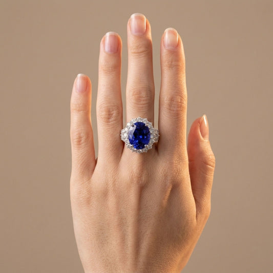 14K 6.10ct Oval Blue Wing Tanzanite 1.34cttw VS White Diamonds Ring