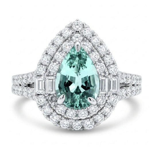 18K 0.87ct Pear Shape Vanadium Beryl 0.90cttw VS White Diamonds Ring
