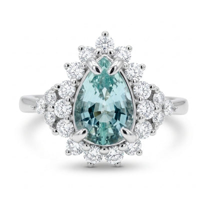 14K 0.79ct Pear Shape Vanadium Beryl 0.53cttw VS White Diamonds Ring