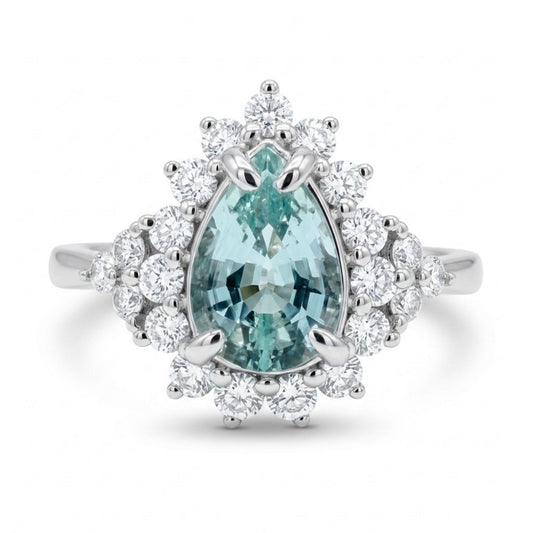 14K 0.79ct Pear Shape Vanadium Beryl 0.53cttw VS White Diamonds Ring