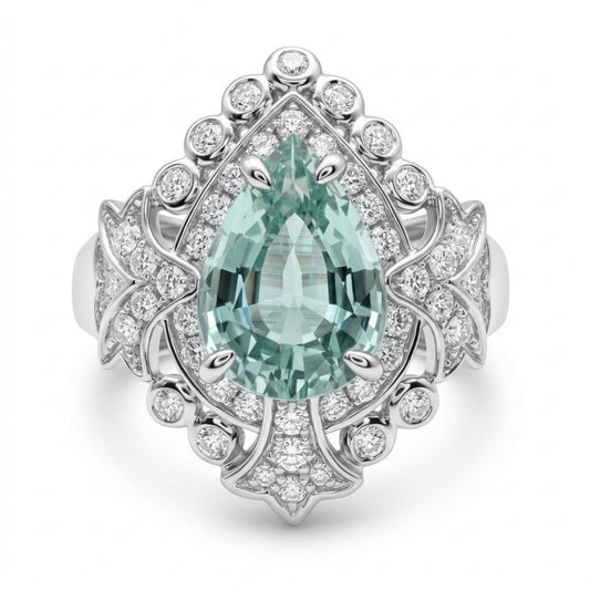 14K 1.61ct Pear Shape Vanadium Beryl 0.45cttw White Diamonds Ring