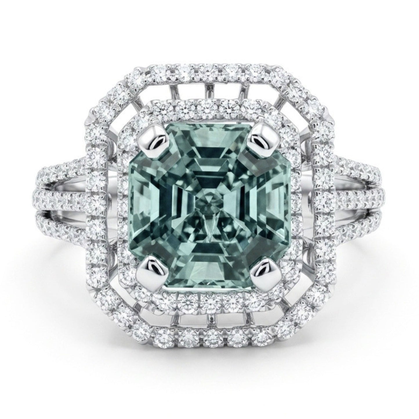 18K 2.51ct Asscher Cut Vanadium Beryl 0.69cttw White Diamonds Ring