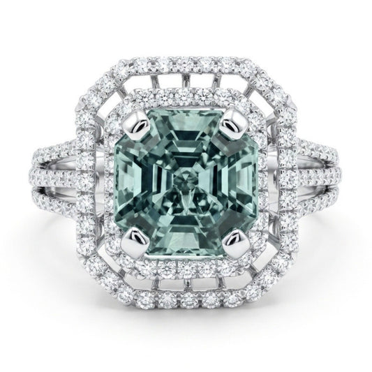 18K 2.51ct Asscher Cut Vanadium Beryl 0.69cttw White Diamonds Ring